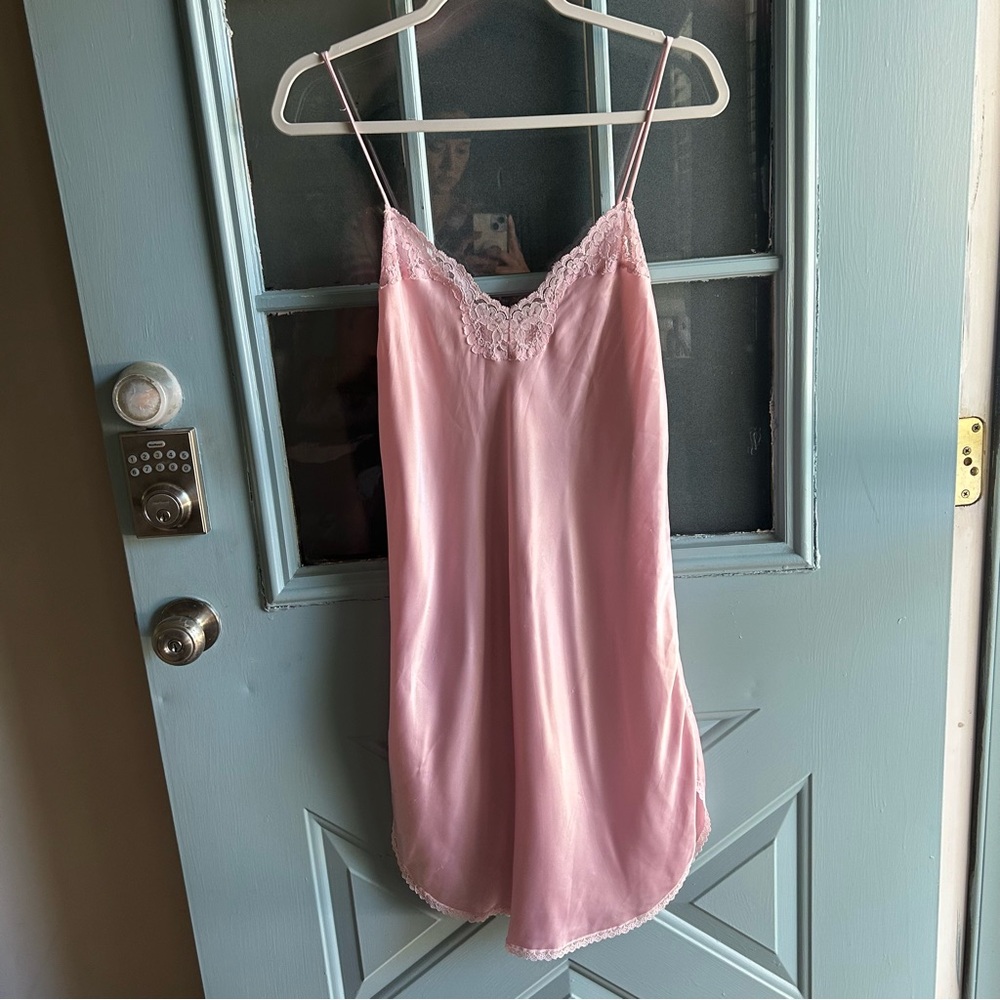 Vintage Satin Slip Lingerie Night Gown Lace Pajama Dress Barbizon Pink size M/L
